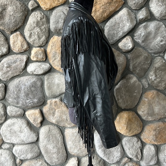 GIII Black Leather Fringe Moto Jacket Size‎ Large - Picture 6 of 16